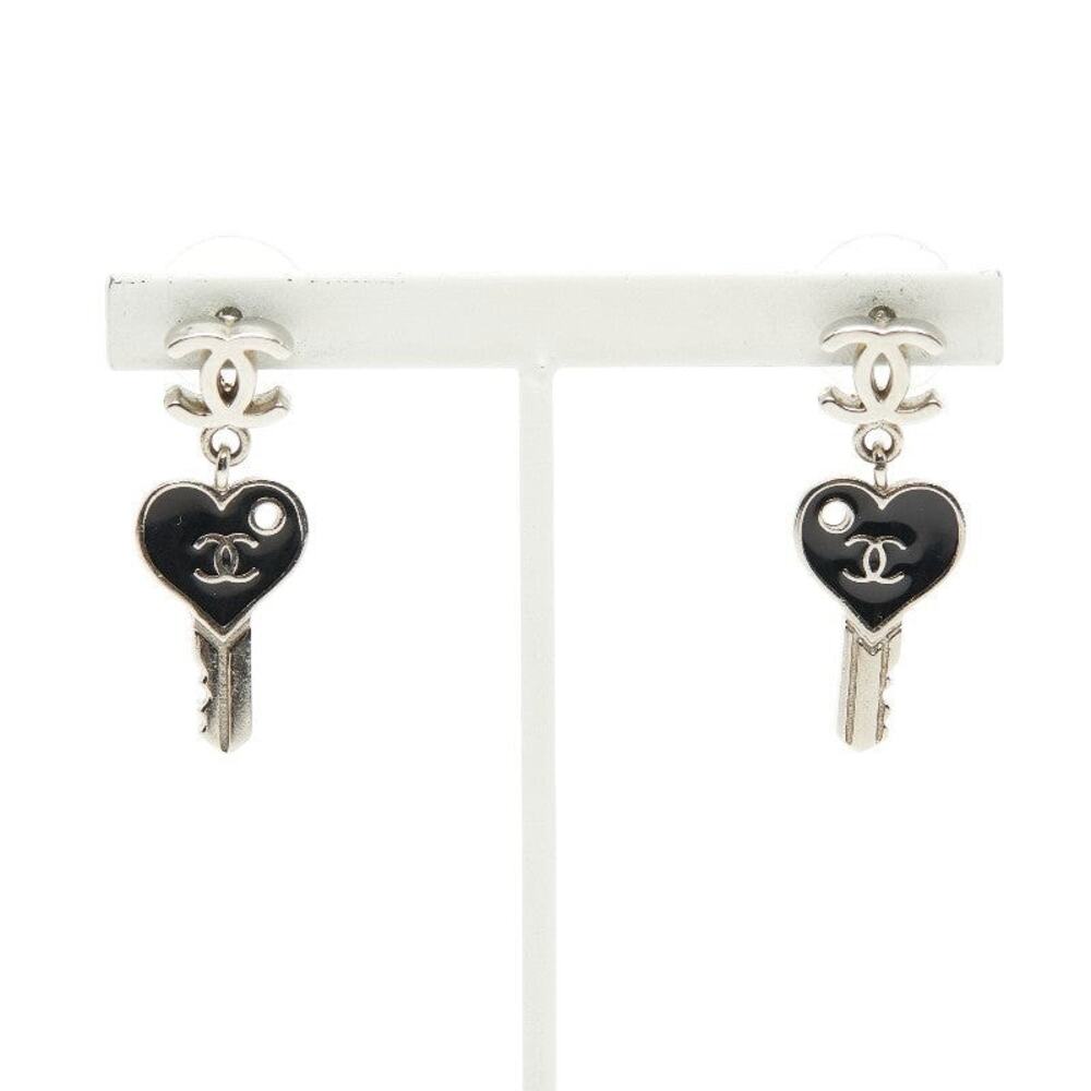 Chanel CC Logo Heart Key Motif Pierced Earrings Metal Silver